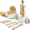 Play Dishes for Kids Kitchen, Wooden Play Kitchen Accessories, Play Plates and Cups for Kids Kitchen , Play Kitchen Dishes for Toddlers Boys and Girls 3 4 5 6