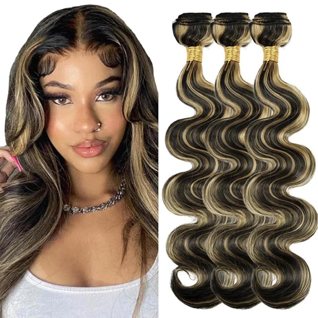 P1B/27 Highlight Honey Blonde Human Hair Bundles Ombre Body Wave Bundles 12 14 16 Inch 3 Bundles human Hair Extension Black Mixed Blonde Double Weft Virgin Remy Bundle for Women 50G/PC