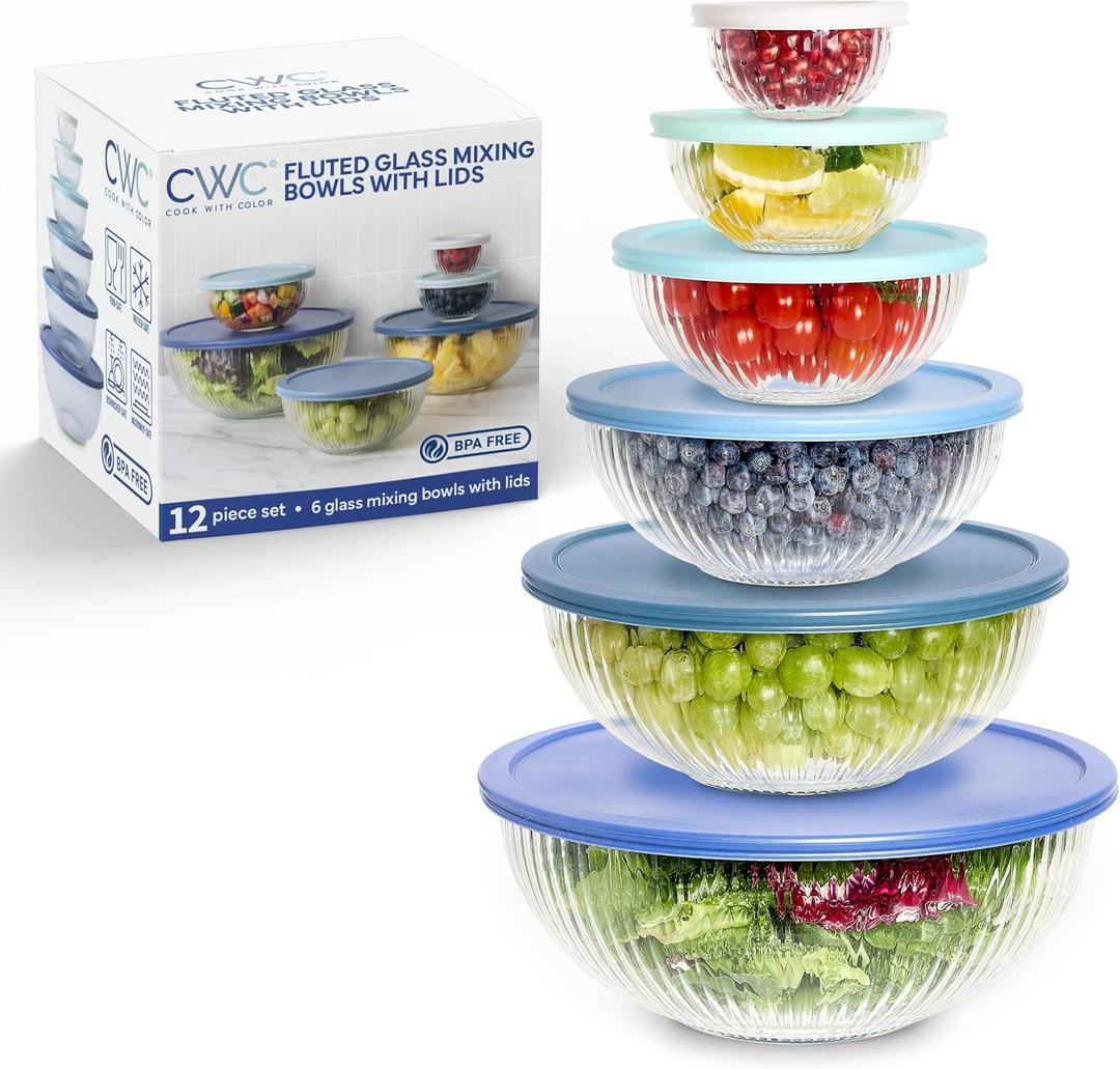 COOK WITH COLOR 12 Pc Glass Mixing Bowl Set with Lids Borosilicate Glass Nesting Bowls for Cooking, Baking and Meal Prep, Fluted Blue