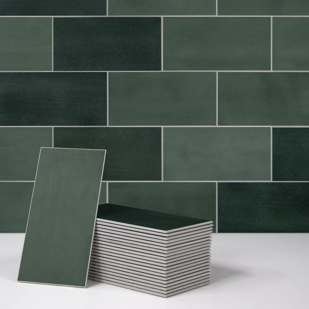 SUNWINGS 100-Sheet Subway Peel and Stick Backsplash Tile, 6" x 3" Green Mixed Stone Composite Handmade Looks Self Adhesive Waterproof Wall Tile, Stick on Tiles for Kitchen Bathroom Shower Fireplace