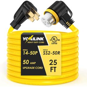 25 Feet 50 Amp RV/Generator Cord, UL Listed, 100% Copper Wire, NEMA 14-50P to SS2-50R Twist Lock, Newly Designed 90Grip Handle, 6/3+8/1 Gauge STW Wire (25 FT)