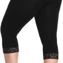 Kotii Women's Plus Size Lace Trim Capri Leggings Stretch Crop Leggings Summer Tights Pants (Black, XL)