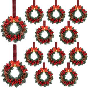 Zeyune 12 Pcs Small Christmas Wreaths for Kitchen Cabinets with Plaid Bow Ribbon Hanging Mini Christmas Cabinet Door Wreaths Decor for Kitchen Window Outdoor Indoor Holiday, 14.96 x 7.87''