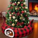 OurWarm Cat Tunnel with Christmas Tree Skirt, Cat Beds for Indoor Cats with Hanging Ball, Buffalo Plaid Christmas Decorations Cat Cave for Felines and Small Animals Indoor Outdoor Decorations