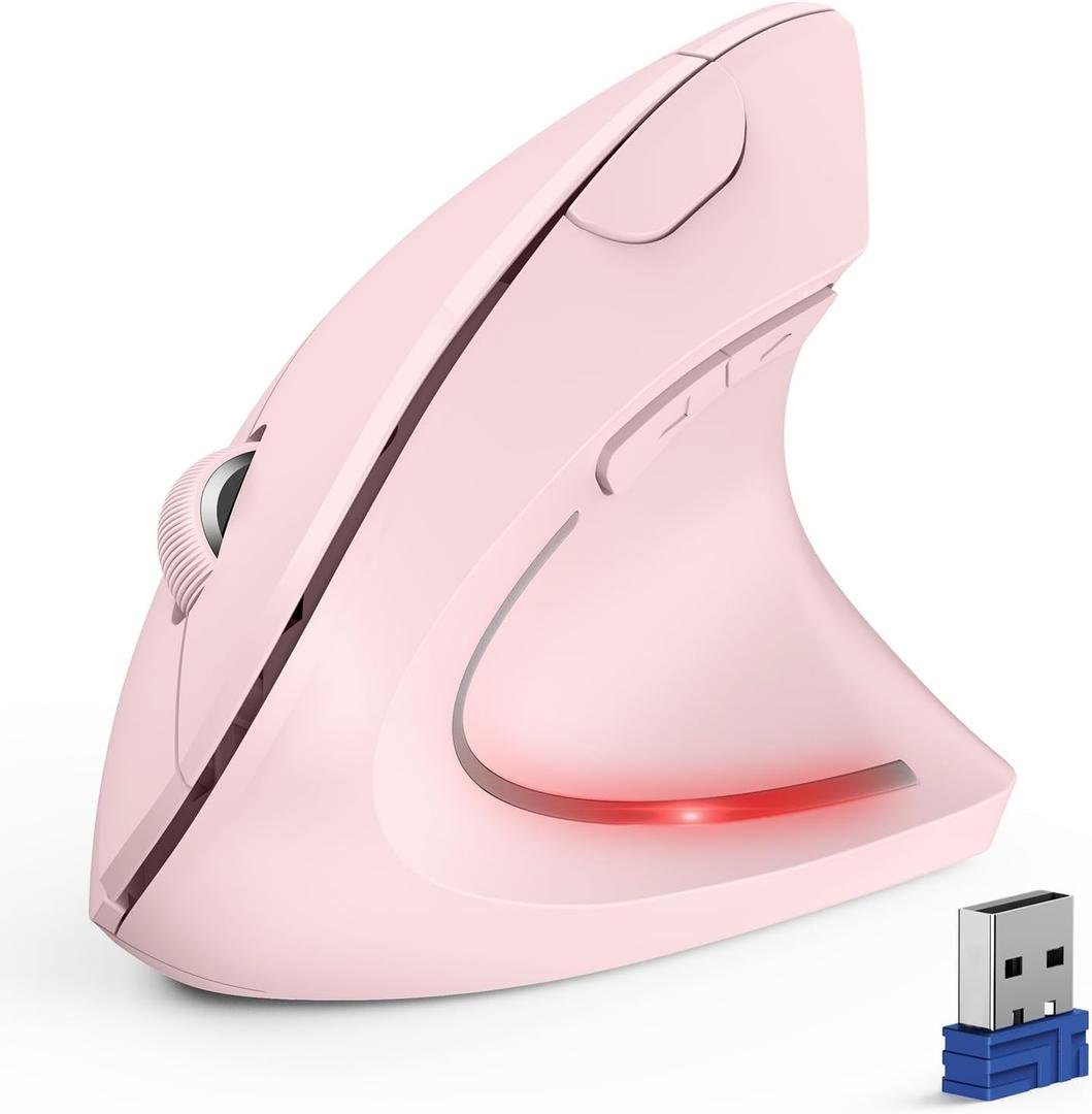 TECKNET Ergonomic Mouse, Wireless Bluetooth Vertical Mouse, 4800 DPI Optical Tracking, 6 Adjustable DPI, Quiet Clicks, 2.4GHz with USB A Receiver, 12 Months Battery, 6 Buttons, Wide Compatibility (Pink)