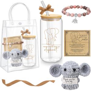 Roshtia 6 Pcs Valentine Gifts for Women Elephant Friendship Gifts Elephant Tumbler Support Doll Natural Stone Bracelet with Ribbon Cards Bags for Party Favor (Friendsgiving, Clear)