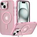 Nvollnoe for iPhone 15 Case Compatible with MagSafe Military Grade Shockproof Heavy Duty Protective Adjustable Kickstand Matte Semi Clear Phone Case for iPhone 15(Pink)
