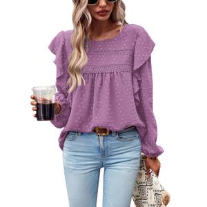 PRETTYGARDEN Women's Long Sleeve Shirts Ruffle Swiss Dot Crochet Loose Fit Tunic Dressy Casual Tops Blouses Spring Fashion (Purple, XS)