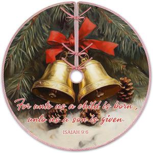Vintage Winter Christian Christmas Bells Tree Skirt, Farmhouse Winter Bible Verse Tree Skirt, Religious Xmas Tree Mat Ornaments for Winter New Year Home Party Holiday Indoor Decor, 36 Inch (Born)