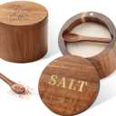 Salt Cellar, 2PCS Salt Container Acacia Wood Salt and Pepper Box for Countertop with Built-in Spoon & Swivel Lid, Wood Salt Holder Bowl for Kitchen, Seasoning Storage (Rose & SALT Engraving)