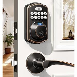 Veise Fingerprint Door Lock with 2 Lever Handles - Keyless Entry Door Lock, Electronic Keypad Deadbolt, Digital Smart Code & Front Handle Sets, Auto-Locking, Easy Installation, Oil Rubbed Bronze