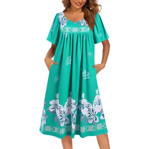 Ekouaer Women's House Dress - Pleated Nightgown with Short Sleeves & Pockets (Large, Green Flower)