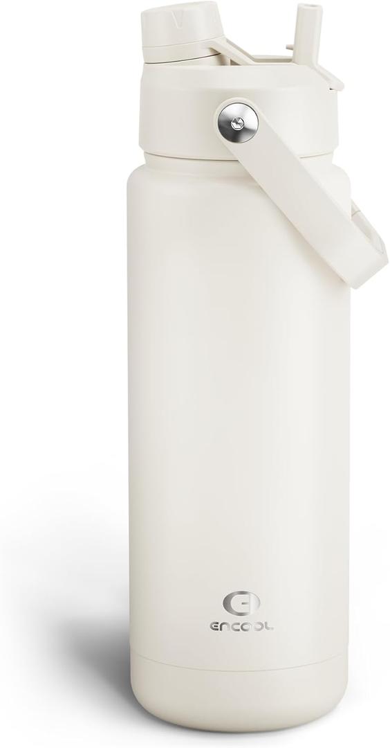 ENCOOL Insulated Water Bottle with Straw Stainless Steel Water Bottle, Leak-Proof, BPA-Free, Double Wall Vacuum Keeps Cold for 24 Hours for Sports, Travel, School (32 oz, Cream Moon)