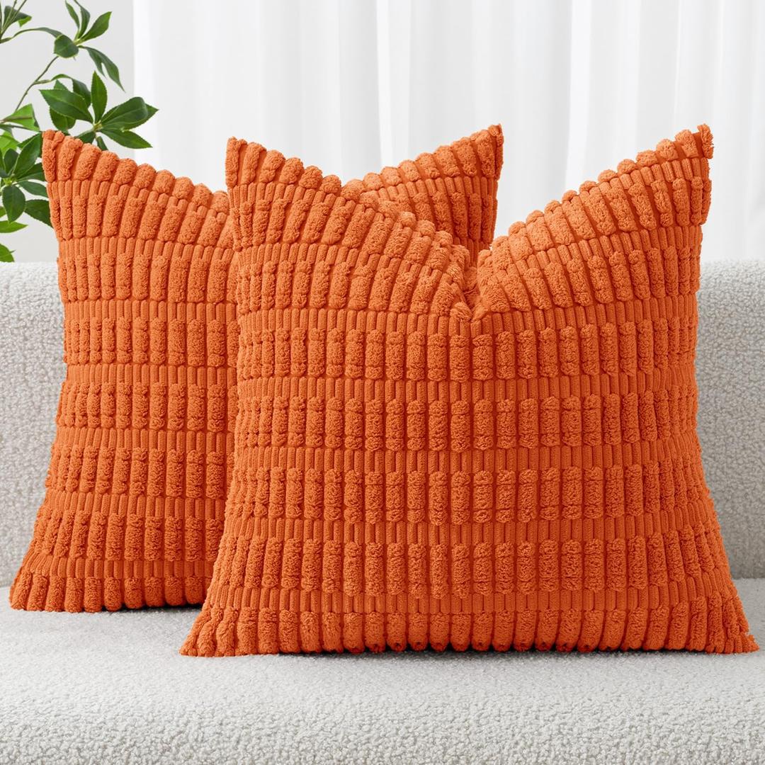 MIULEE Pack of 2 Orange Corduroy Decorative Pillow Covers 20x20 Inch Soft Boho Striped Throw Pillow Covers Modern Farmhouse Home Decor for Halloween Thanksgiving Summer Sofa Living Room Couch Bed