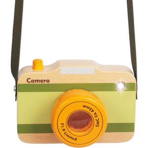 Wooden Mini Pretend Camera Toy with Real Sounds and Light for Toddlers 1 2 3 Years Old, Neck Hanging Photographed Props for Boys Girls Children Kids
