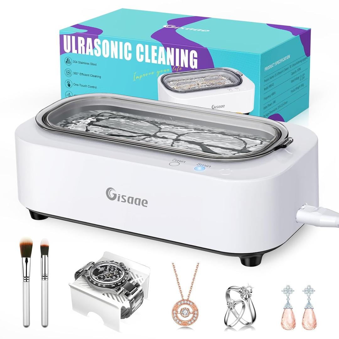 Jewelry Cleaner, 48kHz Professional Ring Cleaner with 2 Modes, 12oz Jewelry Cleaner Ultrasonic Machine for Glasses, Watch Band, Retainer, Denture, Razor, Silver (350ml White)