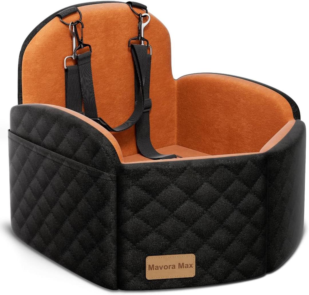 Dog Car Seat for Small/Medium Dogs, Elevated Dog Booster Seat Memory Foam Puppy Car Seat with Washable Cover, Travel Safety Pet Seat for Car with Storage Pockets Up to 35 lbs (Black/Brown)