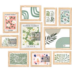 upsimples 10 Pack Picture Frames Collage Wall Decor for Mounting or Tabletop Display, Photo Gallery Frame Set for Family, Multi Sizes Including 8x10, 5x7, 4x6, Natural
