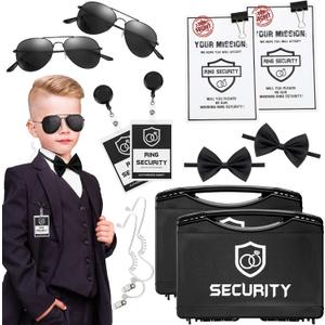 Mepase 14 Pcs Ring Wedding Bearer Security Set Include Ring Bearer Box ID Badge Holder Sunglass Acoustic Earpiece Tube Mission Card with Binder Clip Bow for Kids (Pp Plastic Suitcase)
