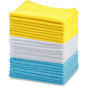 Amazon Basics Microfiber Cleaning Cloths, Lint Free, Absorbent, Streak Free, Non-Abrasive, Reusable and Washable, Pack of 24, Blue/White/Yellow, 16" x 12" (24-Pack)