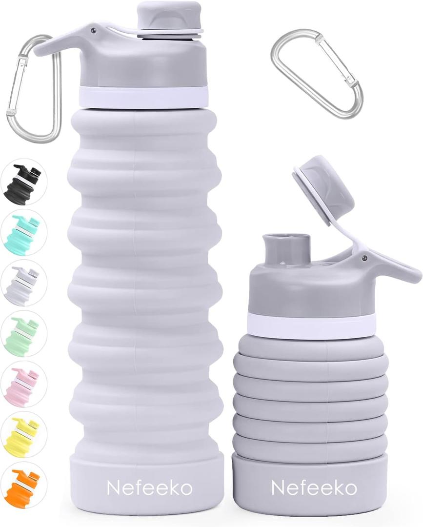 Nefeeko Collapsible Water Bottle, 26oz Silicone Foldable Water Bottles Leakproof BPA Free Travel Water Bottles with Carabiner, Portable Sport Water Bottles for Camping,Hiking Outdoor Indoor Sport A