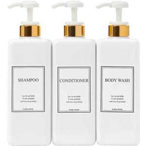 Modern Gold Design Shampoo and Conditioner Dispenser, Large 27oz Shower Soap Dispenser, Set of 3 Refillable Empty Plastic Pump Bottles for Bathroom, 6 Waterproof Labels Included, (Clear & White)