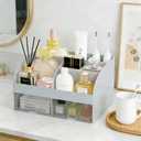 Makeup Organizer with 2 Drawers, Cosmetic Storage for Dresser Vanity and Bathroom Countertop,Make up organization and Skincare Storage with Beauty Brush Holder, Cosmetic Display Case (Grey)