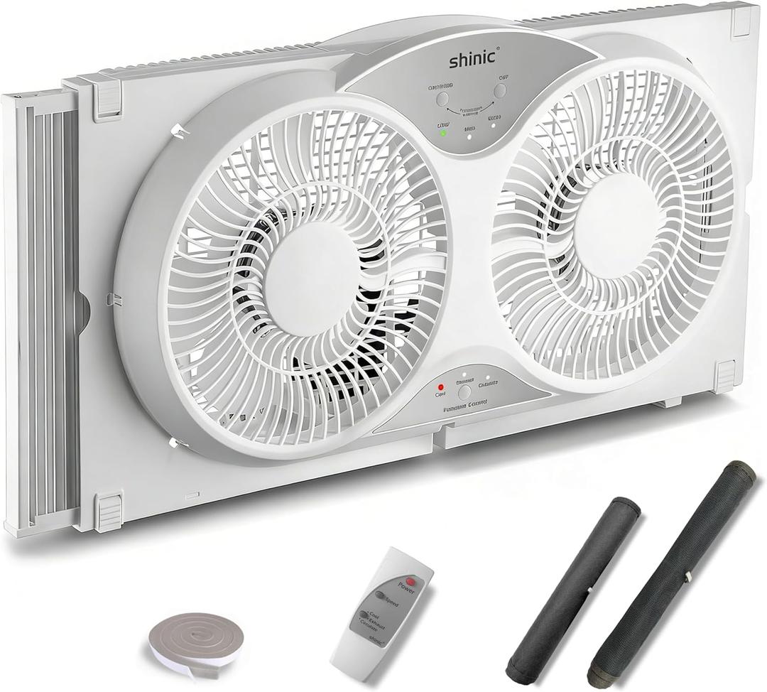 shinic 9" Twin Window Fan with Remote Control,Reversible Airflow,Removable Cover,3 Speeds, 3 Modes, Expandable Panels (From 24" to 37"),ETL Certified, White