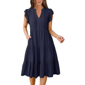 ANRABESS Womens Summer Dress Ruffle Sleeve V Neck Midi Dresses Fashion Casual Fit Flowy Tiered Boho Beach Vacation Sundress (Large, Deep Navy Blue)