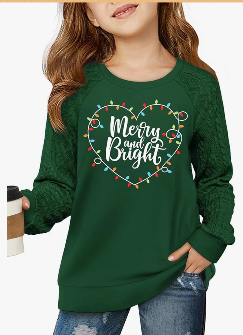 Girls Christmas Sweatshirts for Kids Merry Christmas Casual Cable Knit Long Sleeve Shirts Xmas Tree Tops, 10-12 Y(size 150)