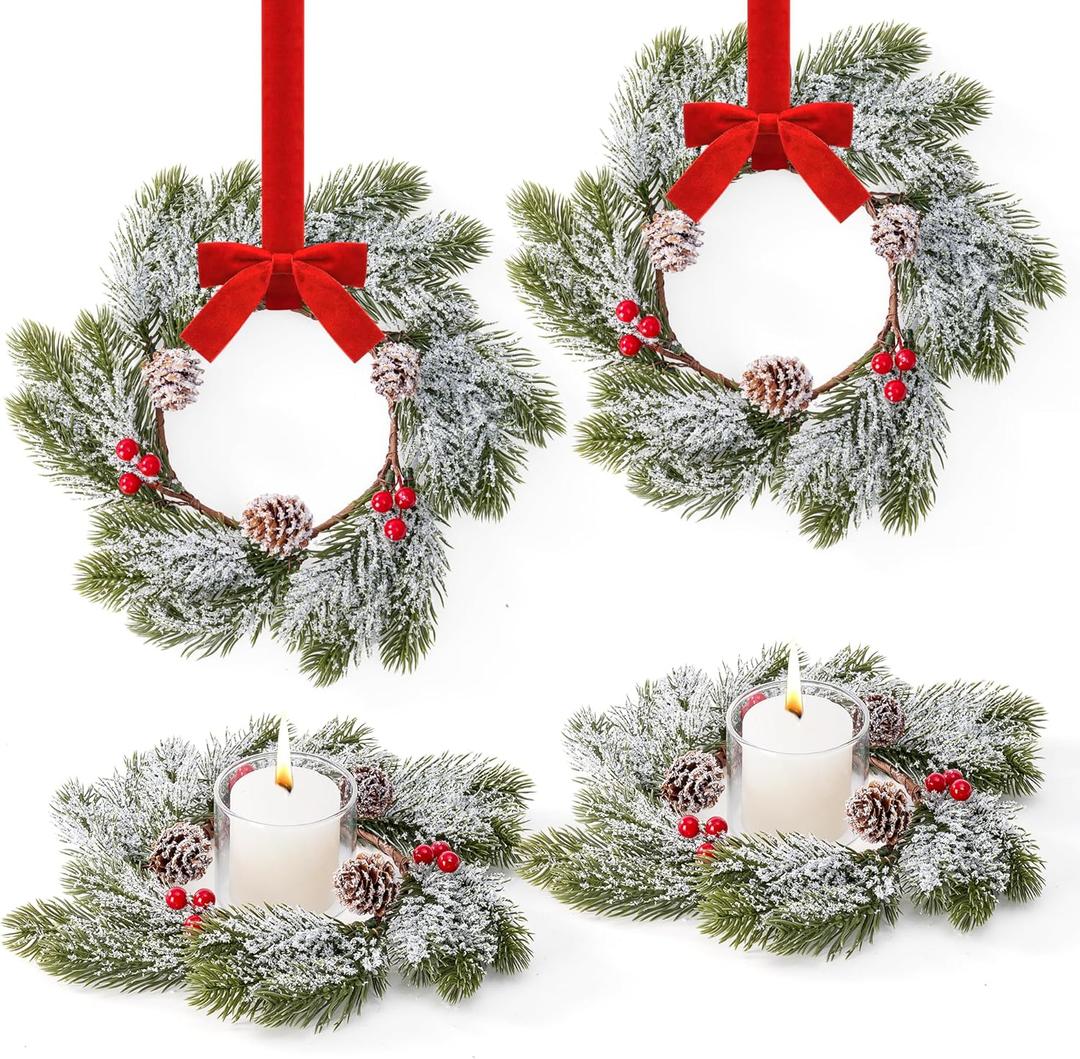4 Pcs Small Mini Christmas Wreaths for Kitchen Cabinets, Frosted Cedar Christmas Candle Rings Wreath for Pillars Kitchen Cabinet Windows, Centerpieces Table Decorations