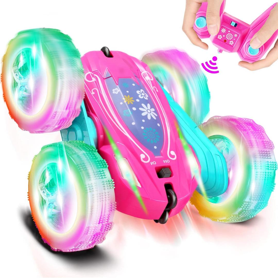 FREE TO FLY Remote Control Car for Girls : Pink RC Car Double Sided 360Flip Stunt Cars with Headlights & WheelLights Rechargeable Toy Car Birthday Gifts for Girl Kids Age 6 7 8 9 10 11 12 Year Old