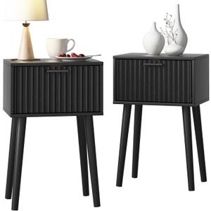 LAATOOREE Nightstands Set of 2, Small Side Table, Bedside Table with Fluted Door, Solid Wood Feet, Modern Mid-Century End Table for Bedroom, Small Space, Black