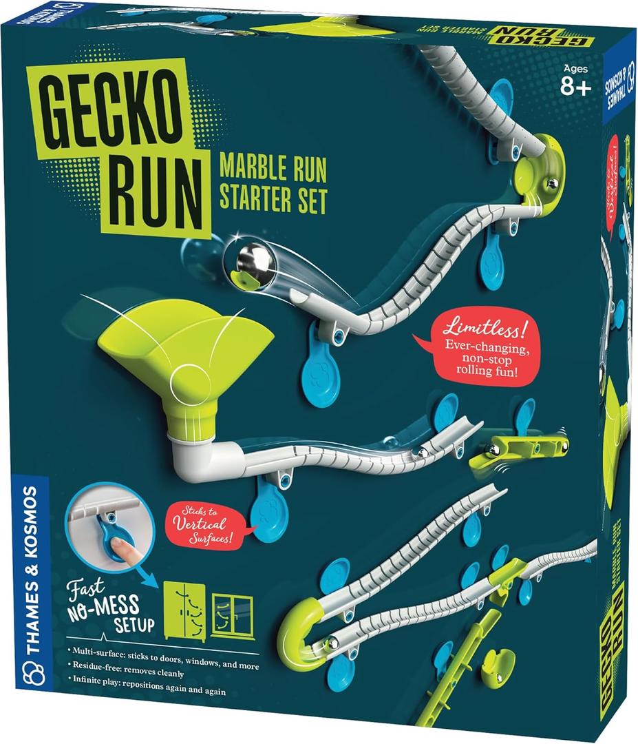 Gecko Run Marble Run Starter Set by Thames & Kosmos, Toy of the Year Winner - 63 Piece Vertical Marble Run, Flexible Tracks | Fast, No-Mess Setup, Residue-Free Nano-Adhesive Pads, Creative Play