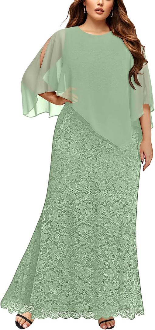 Women's Plus Size Cape Dress with Chiffon Overlay Gown Formal Evening Lace Long Mermaid Dresses 2024 18Plus