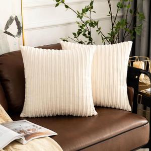 UGASA 18x18Inch Stripe Decorative Throw Pillow Covers Pack of 2 Soft Velvet Solid Square Cushion Case for Sofa Bedroom Couch, Cream