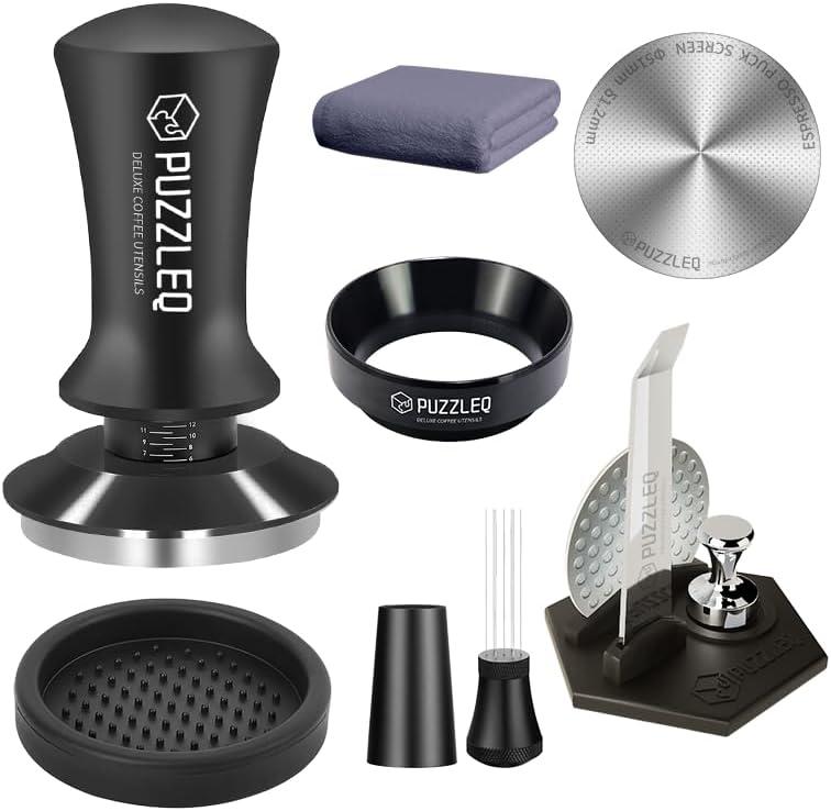 51mm Espresso Accessories Kit, Spring Loaded Calibrated Tamper,matWDT ToolDosing FunnelPuck Screen kitBasket Removal Tool Cleaning ClothSet Fits Espresso Coffee Machines and 51 mm Portafilters