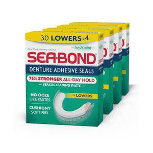 Sea-Bond Secure Denture Adhesive Seals, Fresh Mint Lowers, Zinc-Free, All-Day-Hold, Mess-Free, 30 Count (Pack of 4)