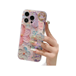 siduater Hand Strap Holder Case for 6.1" iPhone 15 Pro with Kickstand - Wrist Strap Band Soft Pattern Shockproof Cover, Adjustable Handle Grip Loop for iPhone 15 Pro 6.1 Inch, Floral Pink