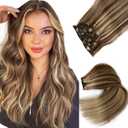 Clip in Hair Extensions Real Human Hair Clip in Extensions,18 Inch Chestnut Brown Balayage Blonde Highlights Real Hair Extensions Clip in Human Hair 7 Pieces 70G Double Weft Remy Human Hair Extensions (#6-613)