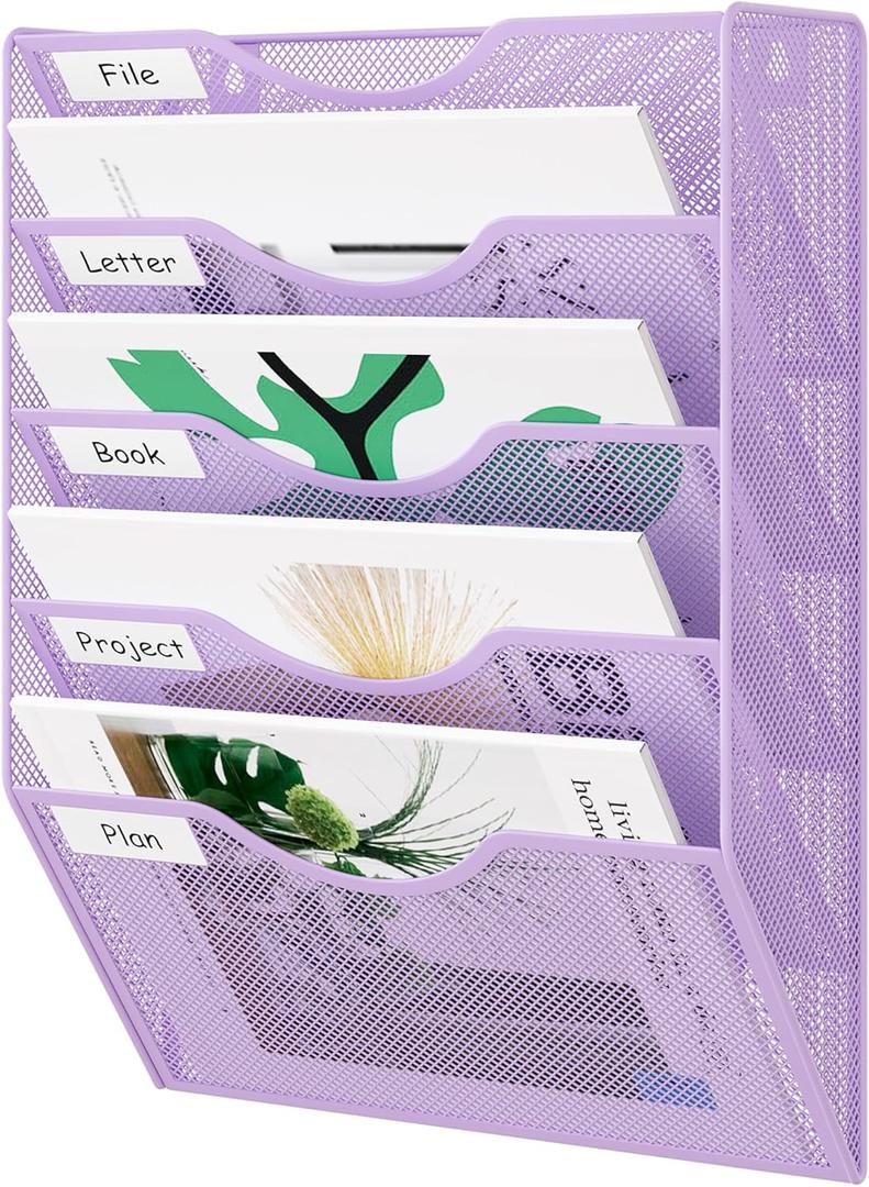 EasyPAG Wall File Organizer 5 Tier Hanging Paper Folder Holder, Zero Assembly Metal Mesh Wall Mounted Mail Organizer for Office Home Classroom Narrow Spaces, Puple (Purple)