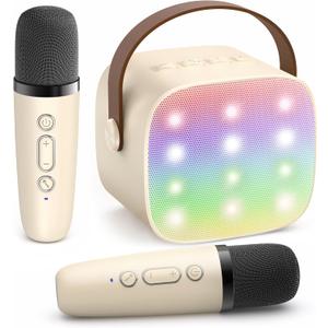Mini Karaoke Machine with 2 Wireless Microphones for Kids Adults, Portable Bluetooth Speaker Gift for Girls Toys 4, 5, 6, 7, 8, 10, 12+ Years Old Teens Birthday(Beige)