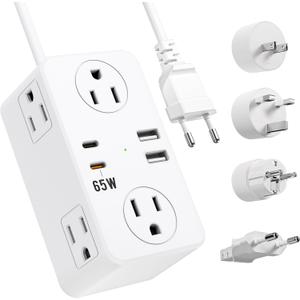 European Travel Plug Adapter, EU/UK/US Travel Adapter Power Strip, 6 AC Outlets, 65W USB C Power Delivery, 3ft Wrapped Around Extension Cord, Compact for Travel (white)