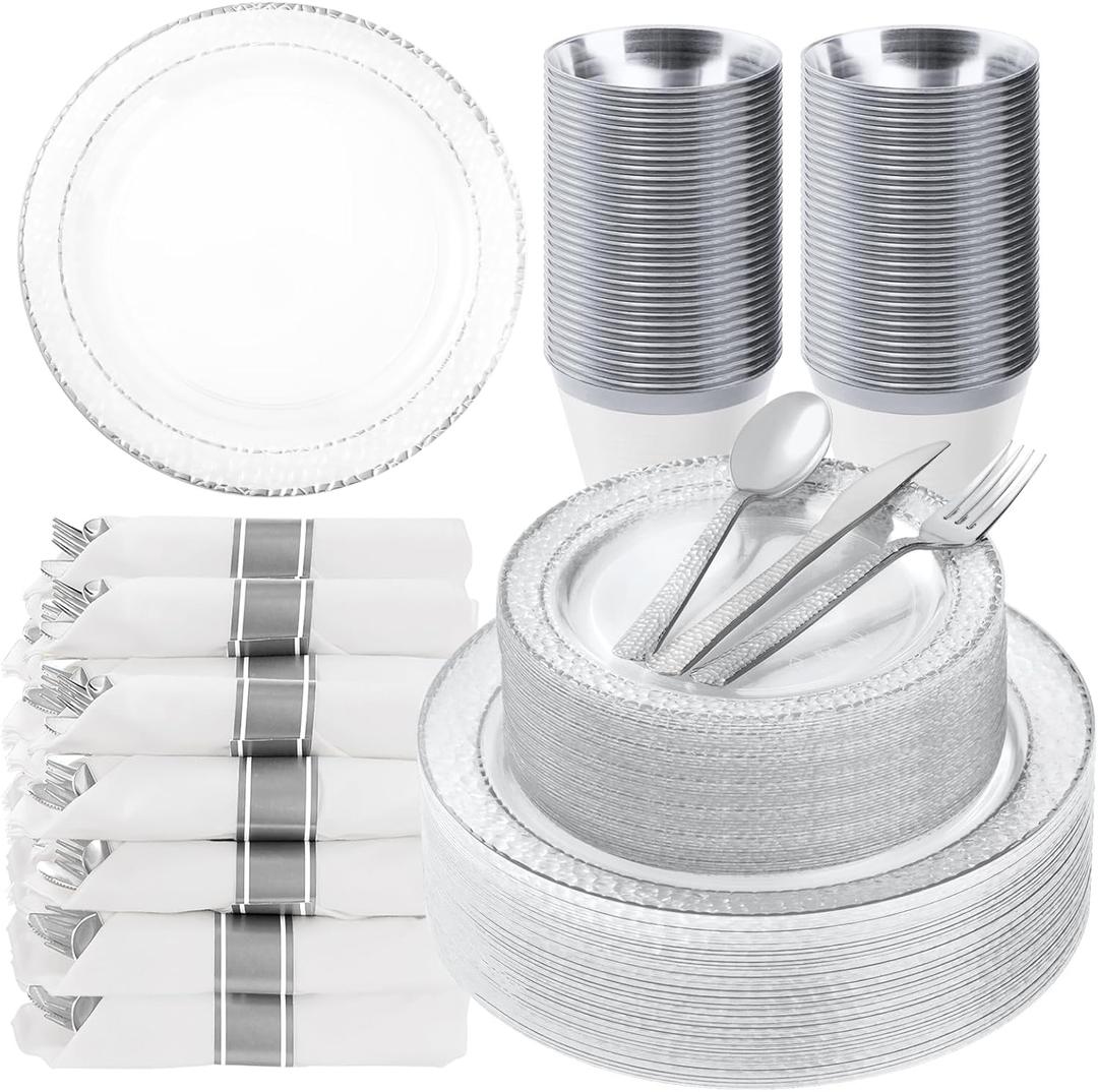 Bestluck 350PCS Clear Plastic Plates with Silver Trim for 50 Guests, Disposable Dinnerware Set for Party & Wedding, Includes 100 Plastic Plates, 50 Pre Rolled Napkins with Silver Silverware, 50 Cups
