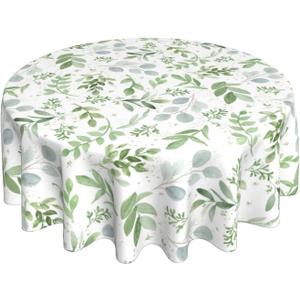 Spring Floral Teal Sage Green Tablecloth Round 60 Inch Watercolor Eucalyptus Leaf Round Table Cloth Wrinkle Resistant Washable Table Cover for Kitchen Dining Room Holiday Party Picnic Patio