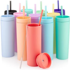 STRATA CUPS Multicolor Skinny Tumblers with Lids and Straws (12 pack) - 16oz Double Wall Acrylic Tumbler, Tall Matte Skinny Tumblers, Bulk with Free Straw Cleaner, Reusable Cups