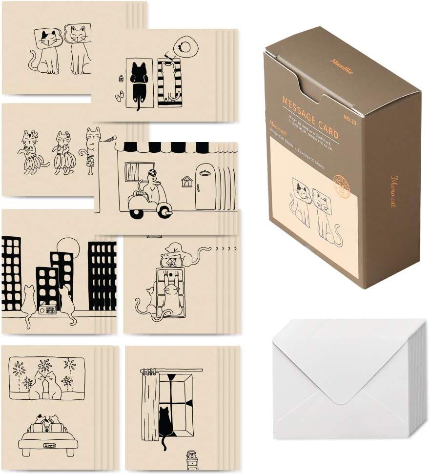 Monolike message card Mono cat - mix 40 cards, 20 envelopes pack, emotional and sophisticated mini cards