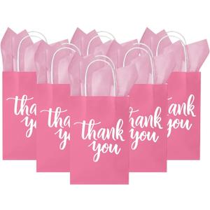 DjinnGlory 50 Pack Small Pink Thank You Paper Gift Bags with Handles 9''x5.5''x3.15'' and 50 Pink Tissue Paper for Party Favors Goodies and Small Business