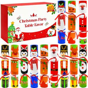 WODMAZ 12 Pack Christmas Non-Snap Party Favors, Christmas Crackers Poppers with Party Hat, Joke & Gift Inside for Xmas Gifts Holiday Party Favors Table Decorations
