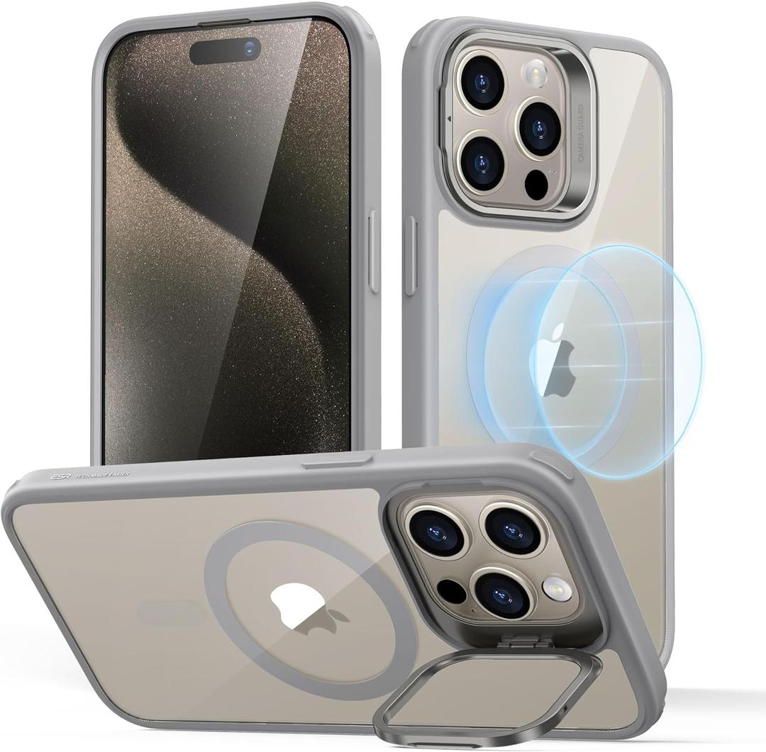ESR for iPhone 15 Pro Max Case, Compatible with MagSafe, Military-Grade Protective Case, Built-in Stash Stand Phone Case, Scratch-Resistant Back Cover, Classic Series, Clear Grey